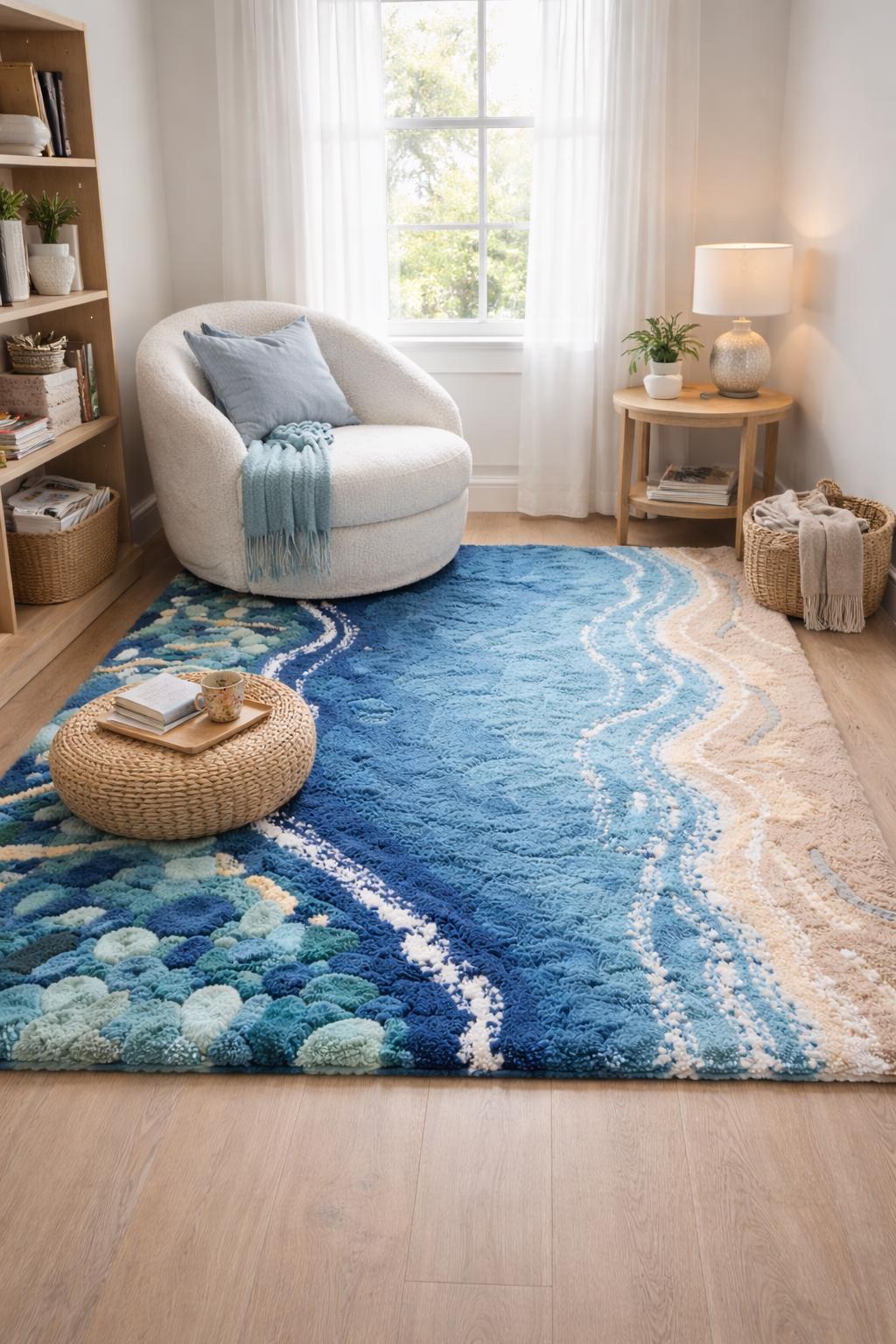 Hand Tufted Ocean Beach Wool Rug - Coastal Abstract Blue Area Carpet - Etsy