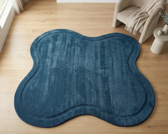 Hand Tufted Wool Area Rug – Modern Organic Shape Blue Rug