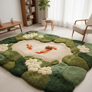 Aesthetic zen garden rug shaped like a lily pond with orange fish. Shown in a bright room with a mid-century modern chair and wooden bookshelf. Large area rug 8x10 feet. Perfect for Biophilic interior design, maximalist decor, or unique housewarming gift.