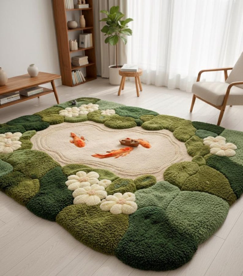 Aesthetic zen garden rug shaped like a lily pond with orange fish. Shown in a bright room with a mid-century modern chair and wooden bookshelf. Large area rug 8x10 feet. Perfect for Biophilic interior design, maximalist decor, or unique housewarming gift.