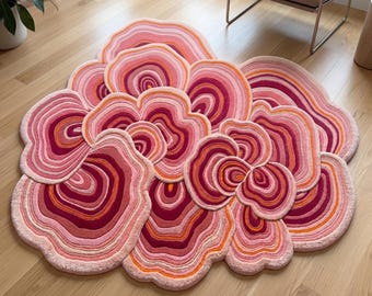 Roze abstract getuft wollen vloerkleed, onregelmatig statementtapijt voor moderne woonkamer