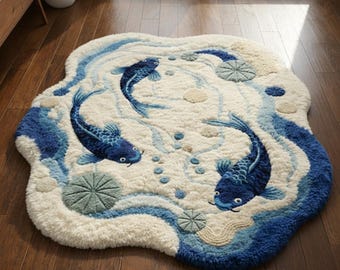 Hand Tufted Koi Fish Wool Rug - Scandinavian Blue Pond Area Carpet