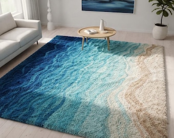 Hand Tufted Ocean Wave Wool Rug - Modern Blue Coastal Abstract Carpet