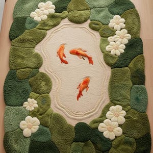 Full overhead view of an 8x10 foot koi fish pond rug. Unique irregular shape with organic edges, featuring green moss-like tufts and cream lily blossoms. Hand-tufted wool rug for living room floor. Nature theme decorative carpet with artistic design.