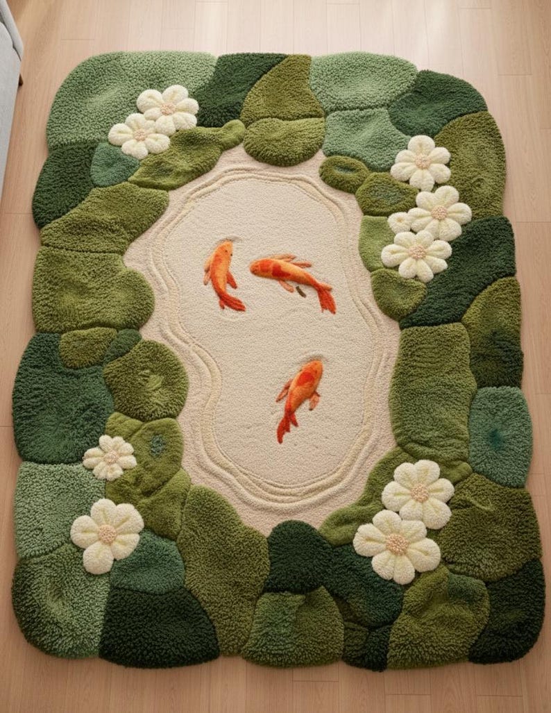 Full overhead view of an 8x10 foot koi fish pond rug. Unique irregular shape with organic edges, featuring green moss-like tufts and cream lily blossoms. Hand-tufted wool rug for living room floor. Nature theme decorative carpet with artistic design.