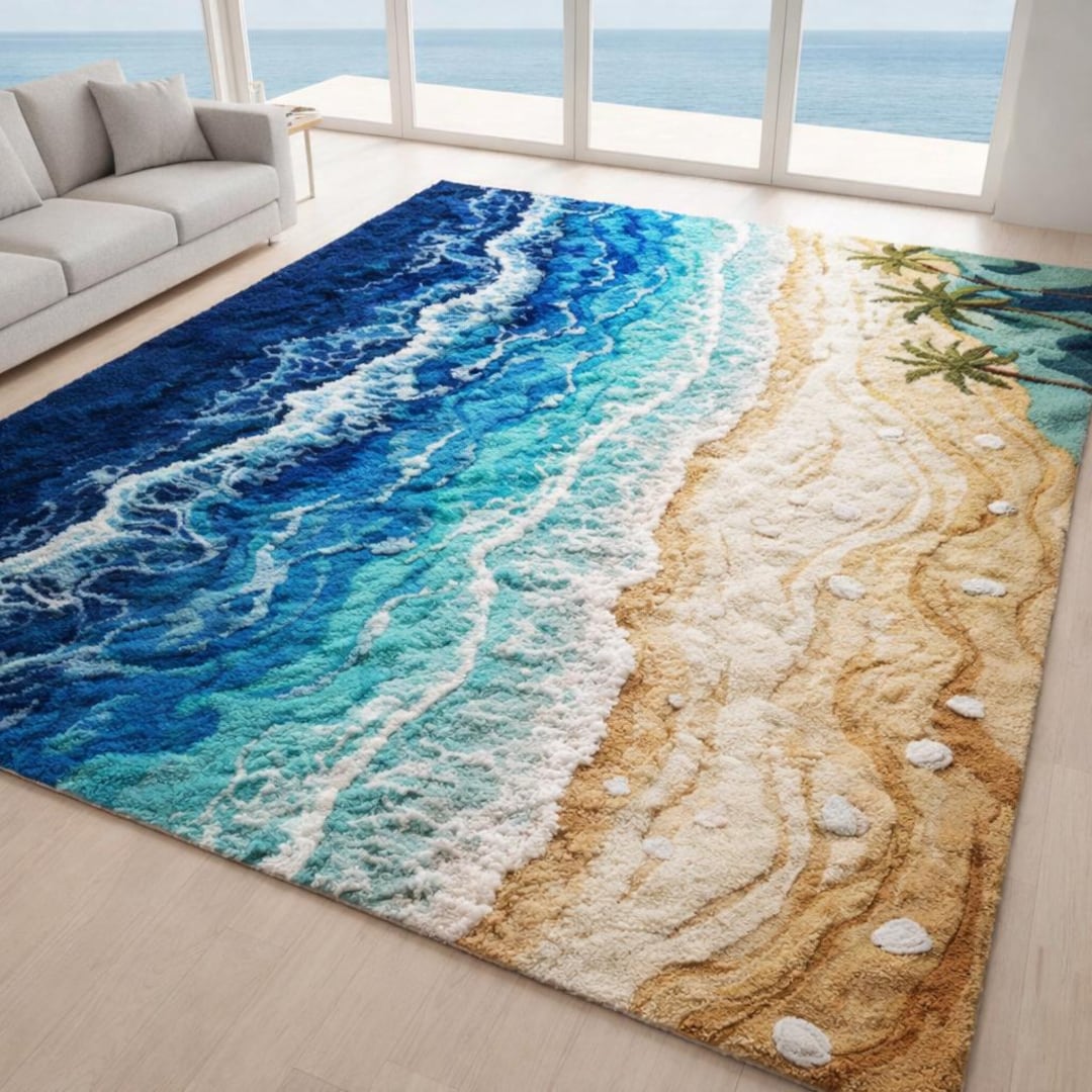 Hand Tufted Ocean Beach Rug - Coastal Wave Wool Area Seaside Inspired ...