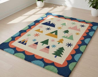 Hand Tufted Geometric Scalloped Border Wool Rug Colorful Modern Nursery Kids Bedroom Area Carpet