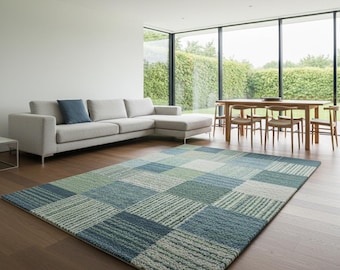 Hand-Tufted Wool Blend Rug: Blue & Green Geometric Checkered Design