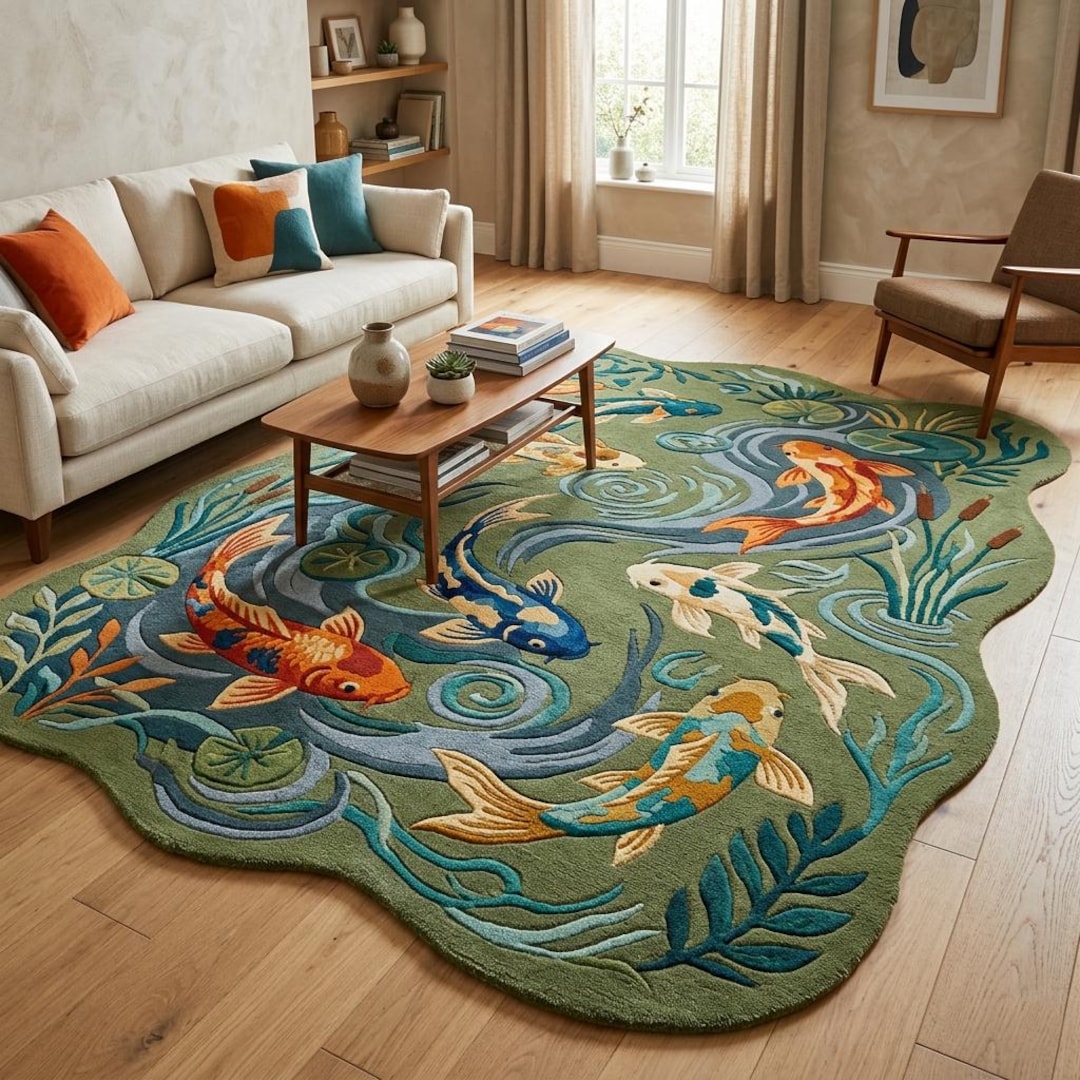 Pond Colors Rug Hand Tufted Koi Fish Pond Rug - Japanese Zen Water Garden Wool Area ...