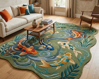 Hand Tufted Koi Fish Pond Rug - Japanese Zen Water Garden Wool Area Carpet Decor