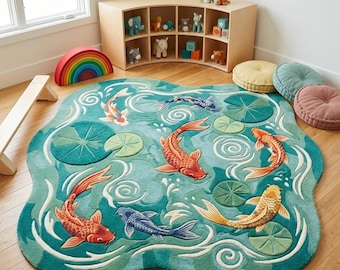 Hand Tufted Wool Koi Fish Area Rug – Nature Inspired Modern Statement Piece