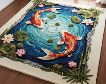 Hand Tufted Koi Fish Pond Wool Rug - Japanese Zen Water Garden Nature Area Carpet