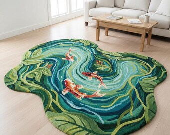 Hand Tufted Wool Koi Rug - Soft Sculpted Pile Artistic Statement Area Rug