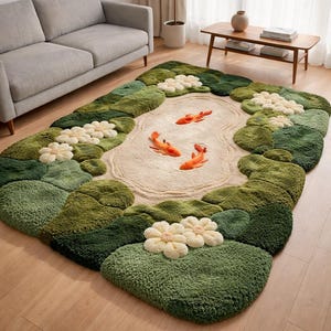 Large 8x10 green pond rug with 3D koi fish and white lily flowers in a modern minimalist living room with a grey sofa and wood floors. Handmade tufted wool area rug for nature-inspired home decor, nursery, or office. Soft high pile moss green textures.
