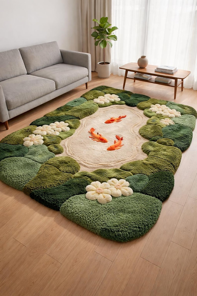 Large 8x10 green pond rug with 3D koi fish and white lily flowers in a modern minimalist living room with a grey sofa and wood floors. Handmade tufted wool area rug for nature-inspired home decor, nursery, or office. Soft high pile moss green textures.