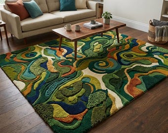 Hand Tufted Moss Green Abstract Wool Rug - Organic Modern Nature Inspired Living Room Carpet