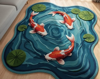 Hand Tufted Koi Fish Wool Rug: 3D Pond Area Carpet