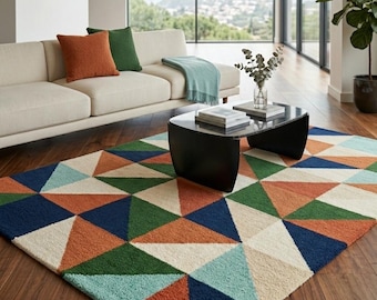 Hand Tufted Wool Modern Geometric Area Rug - Living Room Rug Colorful Carpet Decor
