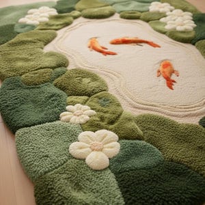 Macro view of plush 3D white flowers on a green textured wool rug. Detailed stitching of orange koi fish swimming in a cream-colored pond center. High and low pile height contrast. Premium handmade tufted carpet detail for interior design inspiration.