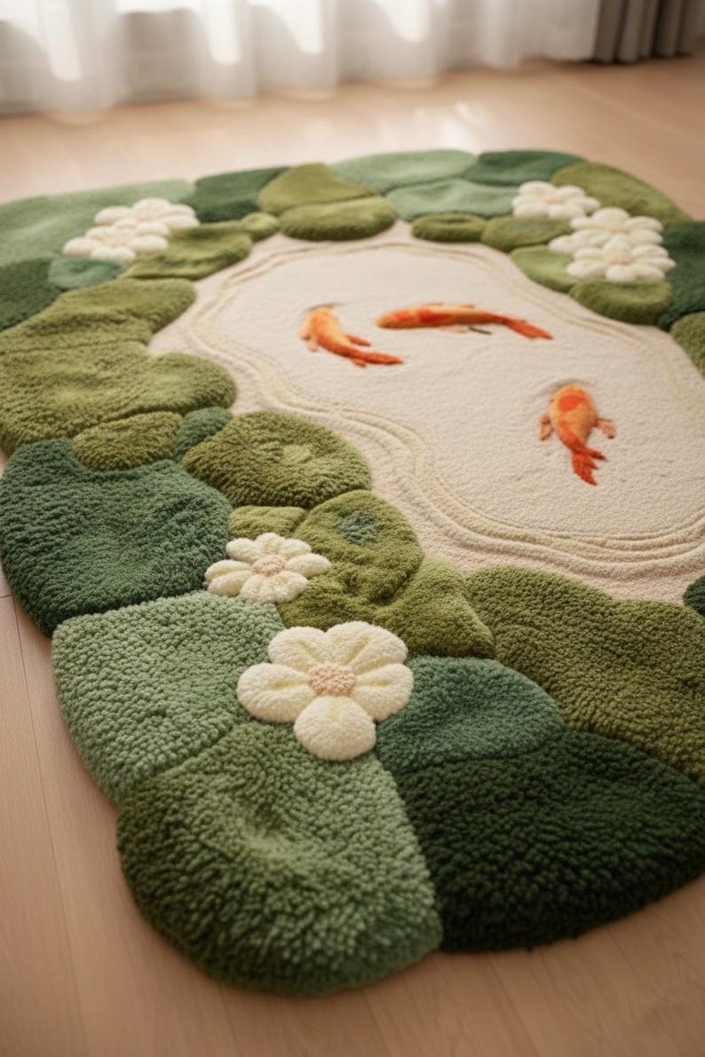 Macro view of plush 3D white flowers on a green textured wool rug. Detailed stitching of orange koi fish swimming in a cream-colored pond center. High and low pile height contrast. Premium handmade tufted carpet detail for interior design inspiration.