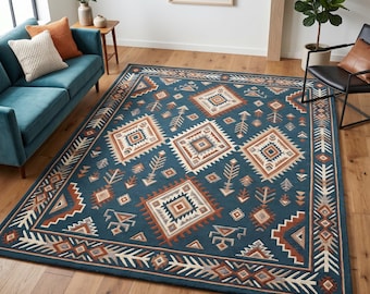 Teal Southwestern Rug for Living Room, Handmade Geometric Wool Area Carpet Decor