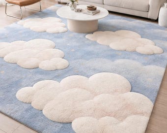 Hand Tufted Cloud Rug Blue Wool Carpet Nursery Kids Room Modern Home Decor