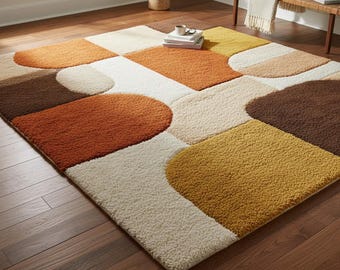 Modern Abstract Hand Tufted Wool Rug - Mid Century Geometric Area Carpet