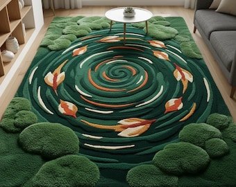 Alfombra de lana moderna con estampado botánico en espiral y tufting a mano - Alfombra escultural de pelo largo