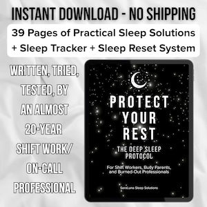 Può includere: Annuncio di download digitale di soluzioni per il sonno. L'immagine presenta un tablet con il testo "PROTECT YOUR REST" su uno sfondo stellato. Il testo aggiuntivo include "39 pagine di soluzioni pratiche per il sonno" e "Per turnisti, genitori impegnati e professionisti stressati".