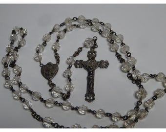 antique LS STERLING  silver religious crystal prayer beads cross rosary necklace