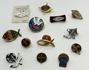 Vintage Jesus Christian Crosses Fish Dove Lapel Pins Lot of 13