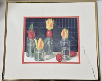 Red Beads - Dianne Muffett Thomas - Egg Tempera - 15x15 Framed Artwork