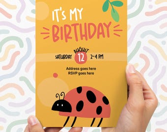 Handrawn Ladybird Birthday Invitation – Personalised Kids Party Invite, Ladybug / Bug Garden Theme – Printable Digital Download (PDF & JPEG)
