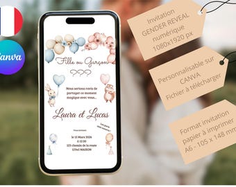 Invitation Gender Reveal en français– Invitation numérique ou papier – Fille ou Garçon – Baby Shower - Personnalisable sur canva