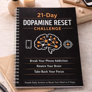 May include: A black spiral-bound notebook titled "21-Day Dopamine Reset Challenge" with orange and white text and graphics. The cover includes the phrases "Break Your Phone Addiction," "Rewire Your Brain," and "Take Back Your Focus."