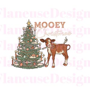 May include: A festive illustration shows a brown and white cow with a candy cane, beside a decorated Christmas tree. The text "MOOEY Christmas" is above the cow. The tree is adorned with ornaments and candles, creating a cheerful holiday scene.