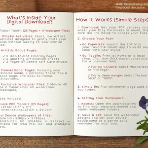 Op de afbeelding: Een open notitieboek met de tekst What's Inside Your Digital Download? en How It Works (Simple Steps):. De inhoud beschrijft een PDF-toolkit van 25 pagina's met mindfulness-activiteiten, artistieke bonuspagina's en vier digitale achtergrondbestanden.