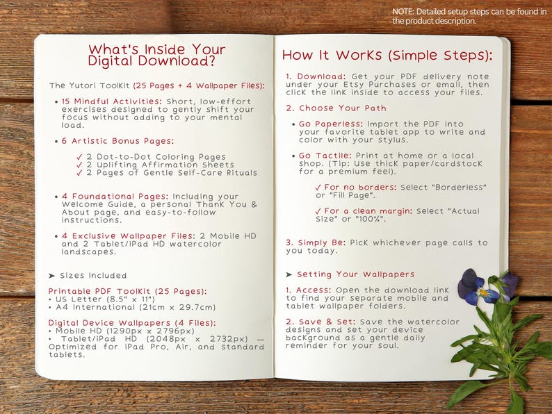 Op de afbeelding: Een open notitieboek met de tekst What's Inside Your Digital Download? en How It Works (Simple Steps):. De inhoud beschrijft een PDF-toolkit van 25 pagina's met mindfulness-activiteiten, artistieke bonuspagina's en vier digitale achtergrondbestanden.