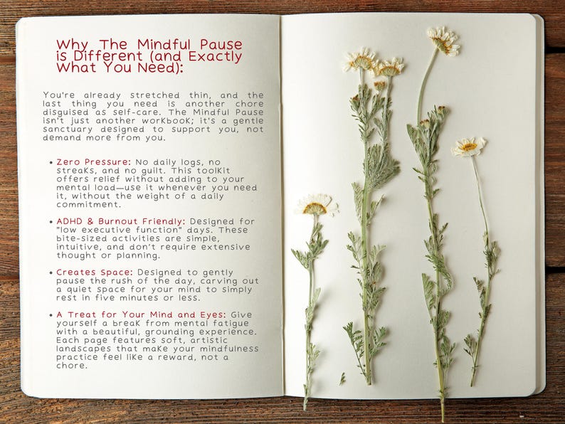 Op de afbeelding: Een open notitieboek met cr&egrave;mekleurige pagina's. De linkerpagina bevat gedrukte tekst met de titel Why The Mindful Pause is Different (and Exactly What You Need): met opsommingstekens. De rechterpagina toont vier gedroogde witte madeliefjes.