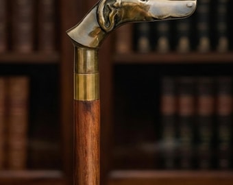 Handcrafted Wooden Walking Cane, Vintage Brass Animal Head Handle, Antique Style Walking Stick