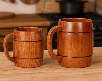 Handmade Wooden Beer Mug, Rustic Viking Style Tankard, Natural Solid Wood Drink Cup