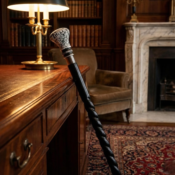 Handmade Wooden Walking Cane with Decorative Metal Handle, Gentleman's Antique Style Stick