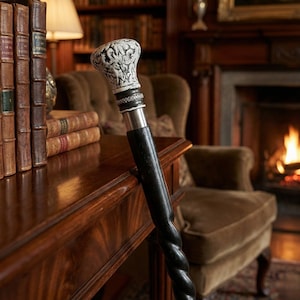 Wooden Walking Cane with Decorative Metal Handle, 37-Inch Solid Wood Stick for Balance & Support,