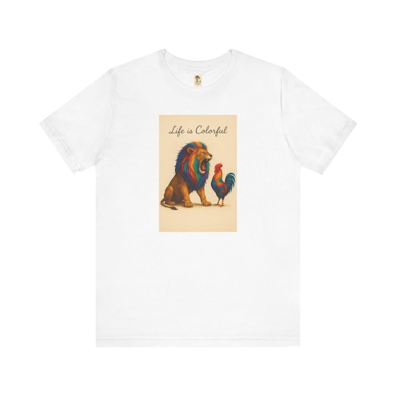 Colorful - Farbenfrohes Unisex-T-Shirt, Löwe und Hahn Tierfreunde, Geschenk, Sommerstil, lebhaftes Kunstshirt