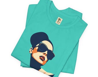Retro Sunglasses Woman Tee | Minimal pop art portrait