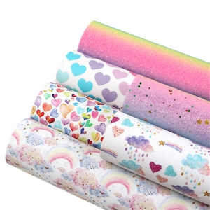 Rainbow Glitter Faux Leather Sheets Bundle 6pcs/set,Heart Printed Leather Fabric Sets,Rainbow Leatherette Sheets,Glitter Fabric