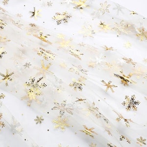 Tela de malla navideña de media yarda, organza dorada con purpurina, ideal para disfraces, tul con diseño de copos de nieve navideños 33052