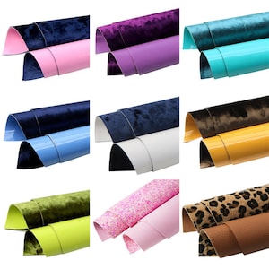 May include: Nine pairs of faux leather sheets, each with a different color and pattern. The sheets are folded in half and arranged in three rows of three. The colors include pink, purple, blue, teal, white, yellow, green, brown, and black. The patterns include solid colors, glitter, and animal print.