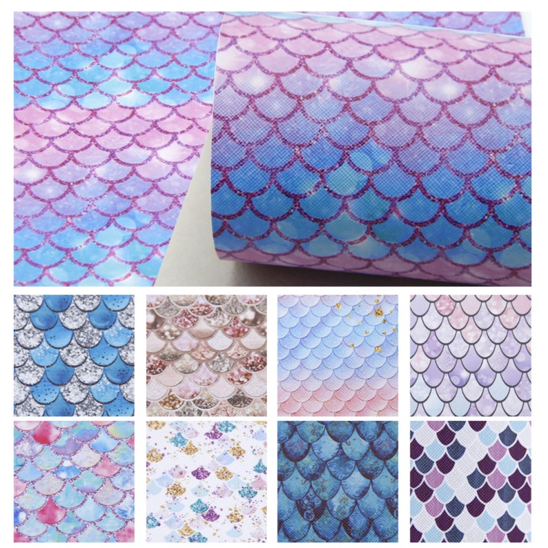 Mermaid Scale Printed Faux Leather Fabric 10PCSSET,Cricut Leather Sheets For Earrings,Patterned Craft Vinyl Leather