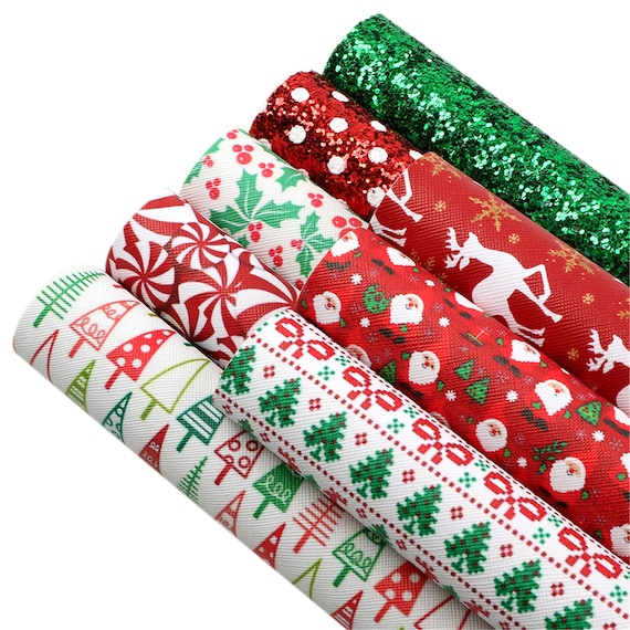 8pcs/set Christmas Leather Bundles,Christmas Tree Deer Printed Faux Leather Sheets, Leather Craft Supplies For Earring Bows